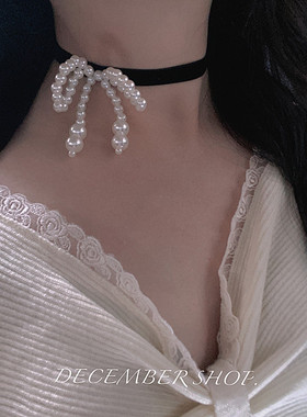 包邮黑色丝绒带蝴蝶结珍珠项链女时尚纯欲小众锁骨链颈链项圈配饰