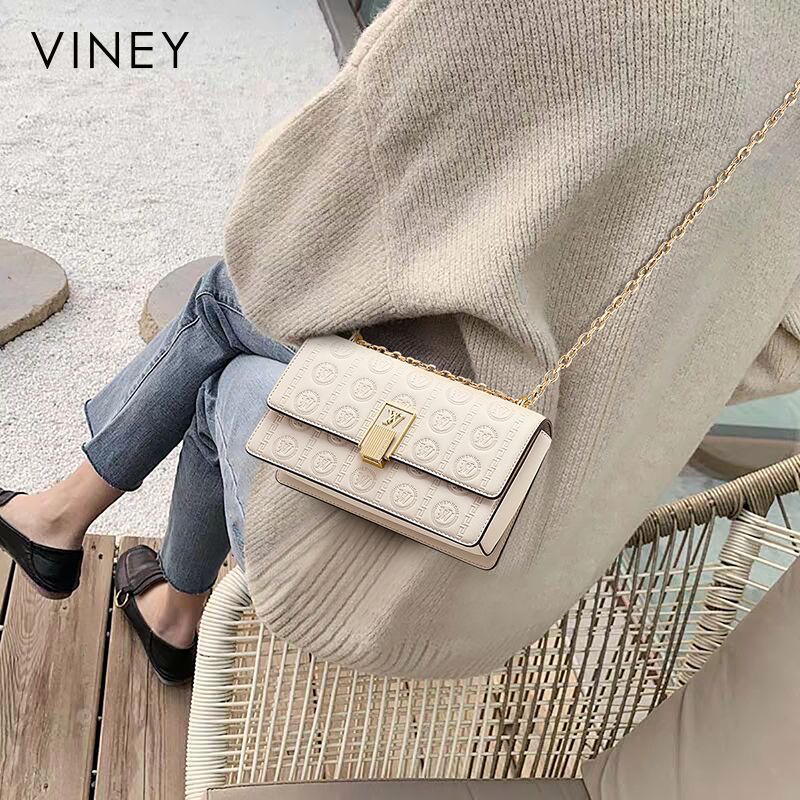 Viney包包2025新款秋冬真皮女包压花翻盖斜挎包单肩包时尚链条包