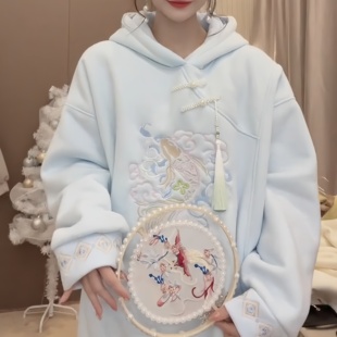 OVERSIZE原创国潮复古新中式改良版盘扣卫衣女冬季加绒加厚帽衫潮