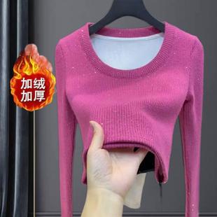 安可拉红坑条长袖t恤秋冬爆款加厚修身显瘦加绒打底衫女上衣ins潮