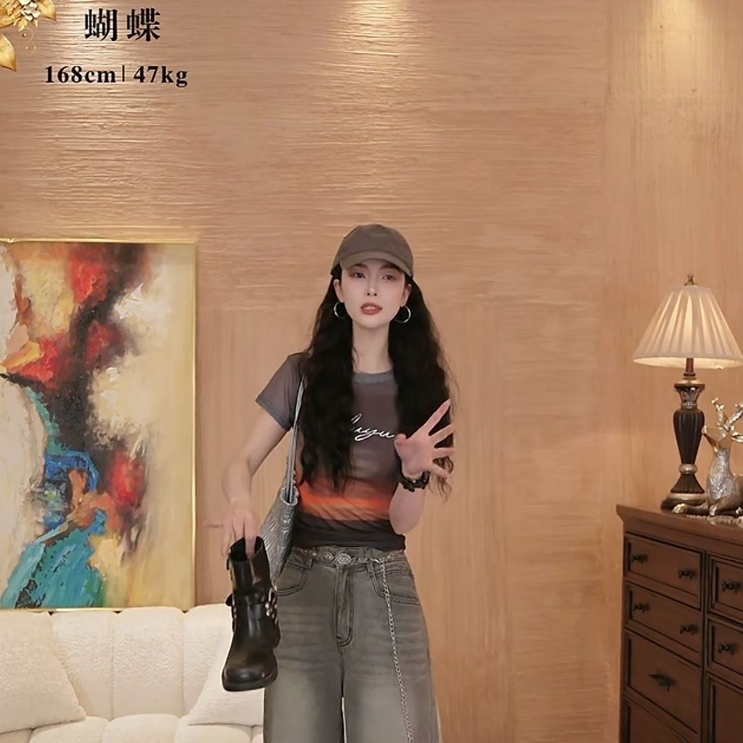 欧货扎染印花网纱短袖T恤女夏2025新款修身显瘦小衫时尚洋气上衣