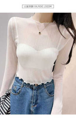 长袖蕾丝透视内搭短款薄纱小衫