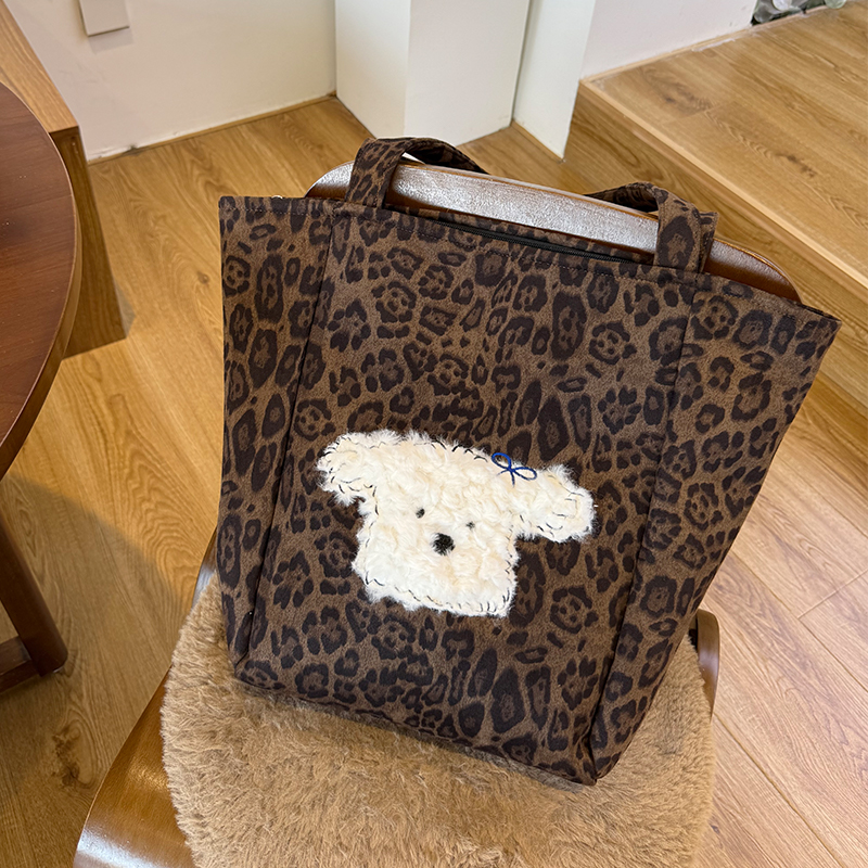 秋冬新品麂皮绒豹纹慵懒风大版托特包拉链复古潮流托特包包女