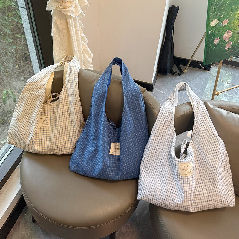 夏新款复古双面拼背心格子ins风情单肩包大容量购物袋托特包