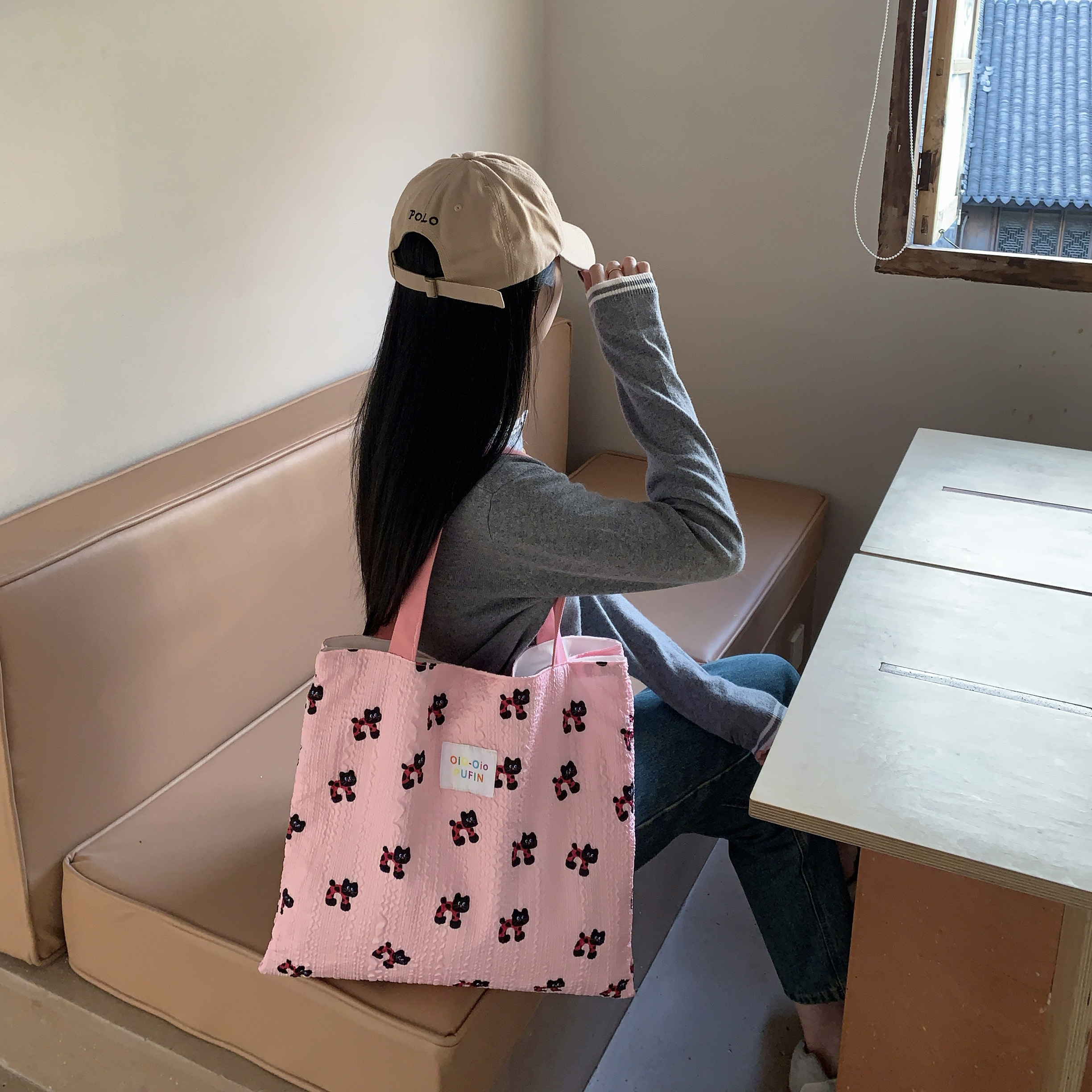 大容量托特包拾花布语双层条纹