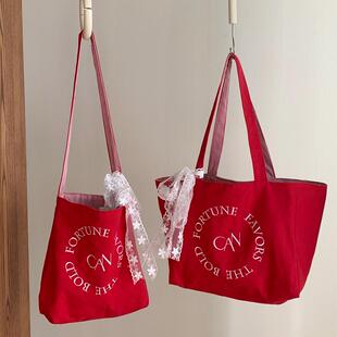 春季新款百搭时尚字母刺绣慵懒风大容量托特包斜挎包上学通勤包包