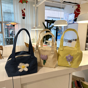 立体小花小布包遛弯手拎包2023春季便携收纳包清新学生手提帆布包