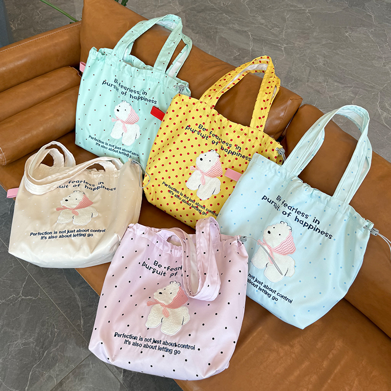夏季新款抽绳包包波点印花卡通图案刺绣ins风大容量托特包