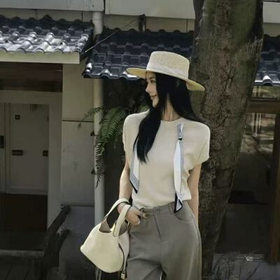 高级感圆领带丝巾短袖针织衫2026夏季新款独特超好看气质百搭上衣