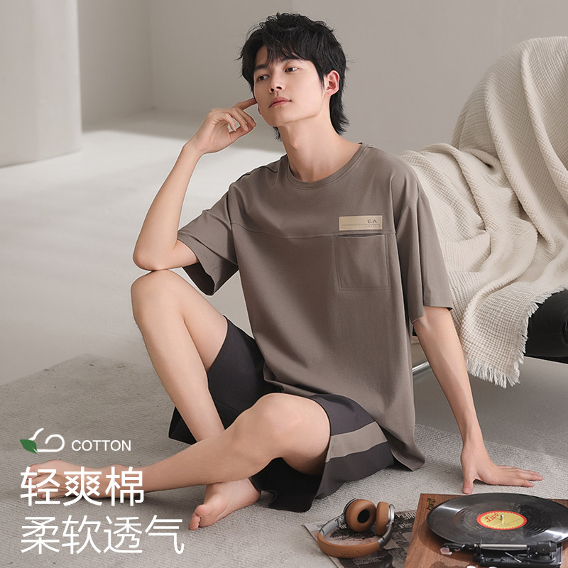 男士睡衣夏季纯棉短袖套装薄款柔软透气休闲宽松加大可外穿家居服