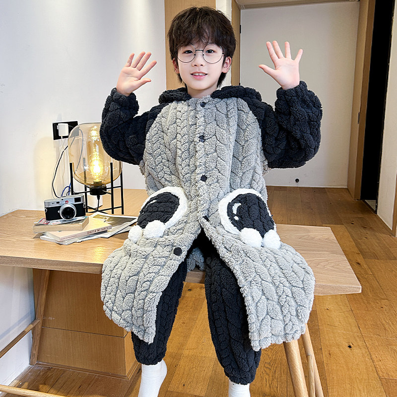 儿童珊瑚绒睡袍男童冬季浴袍套装