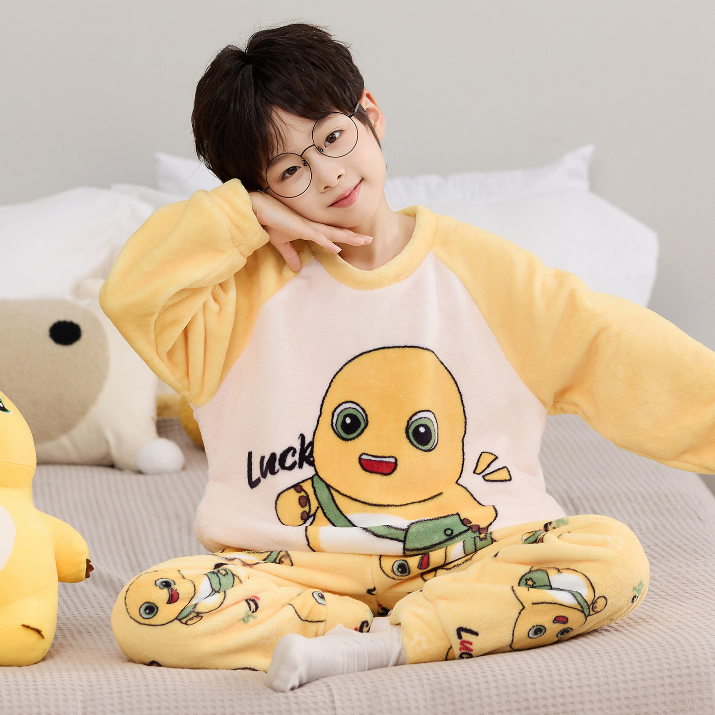 儿童法兰绒男童睡衣冬款加绒男孩秋冬季珊瑚绒保暖宝宝家居服套装