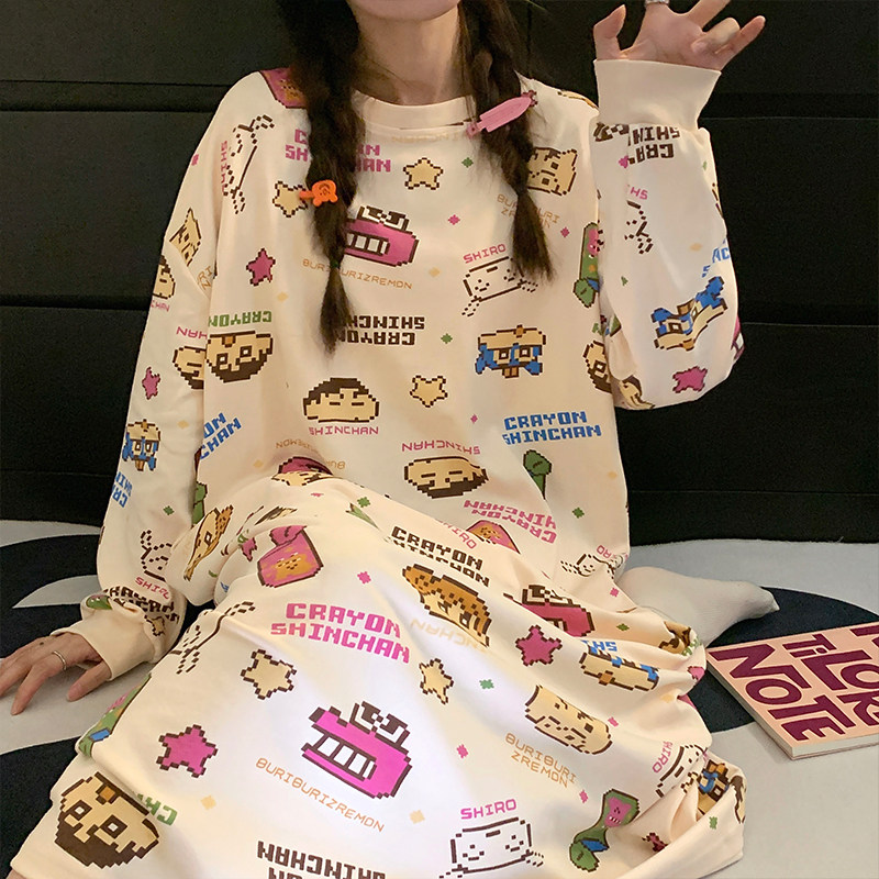 2025新款春秋款睡裙长袖女卡通家居服大码200斤连衣裙中长款睡衣