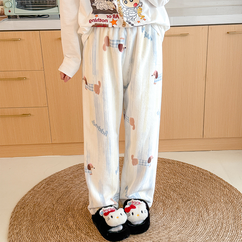 法兰绒睡裤女秋冬季加绒加厚保暖长裤卡通可爱暖暖裤珊瑚绒居家裤