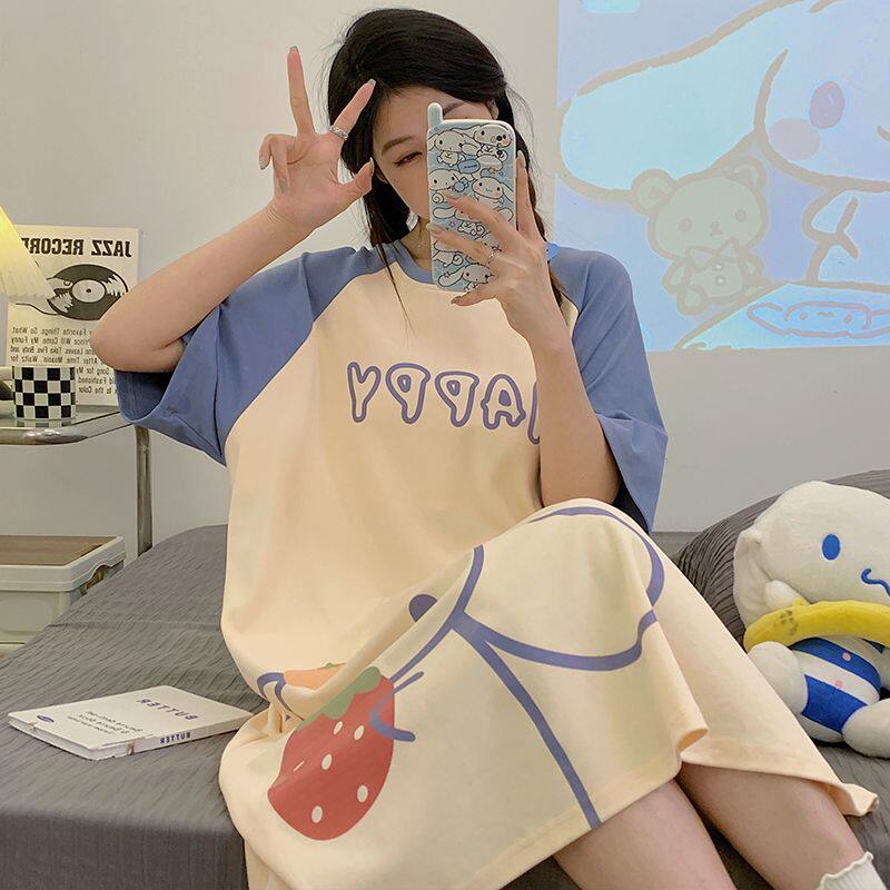 女士睡裙夏季短袖薄款中长款2025新款卡通甜美睡衣宽松加大家居服