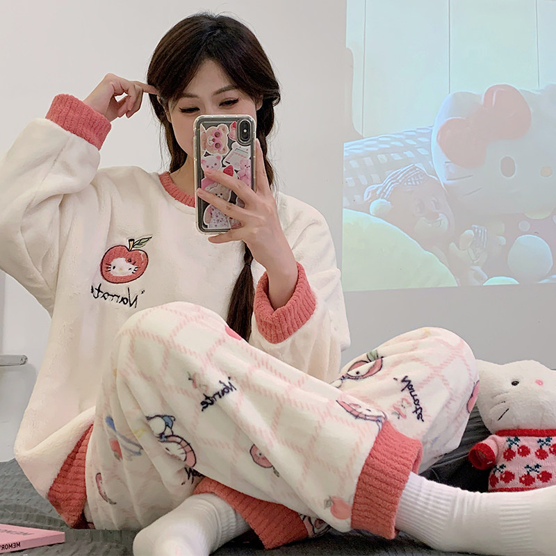 秋冬季睡衣女款爆款可爱可外穿冬天加绒加厚保暖珊瑚绒家居服套装