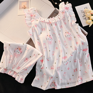 卡通可爱公主风大童夏天家居服套装 女童背心短裤 薄款 儿童睡衣夏季