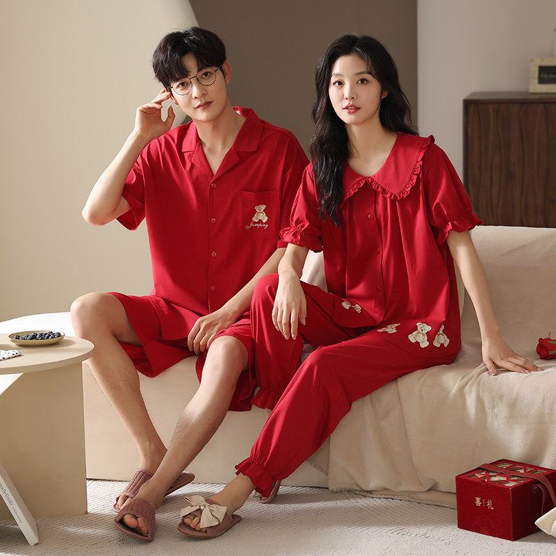 情侣睡衣女夏季短袖莫代尔新婚结婚喜庆本命年红色男士家居服套装