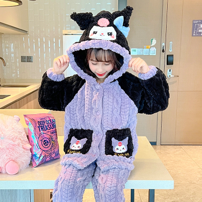 儿童睡衣女童加绒加厚秋冬季珊瑚绒卡通库洛米小女孩法兰绒家居服