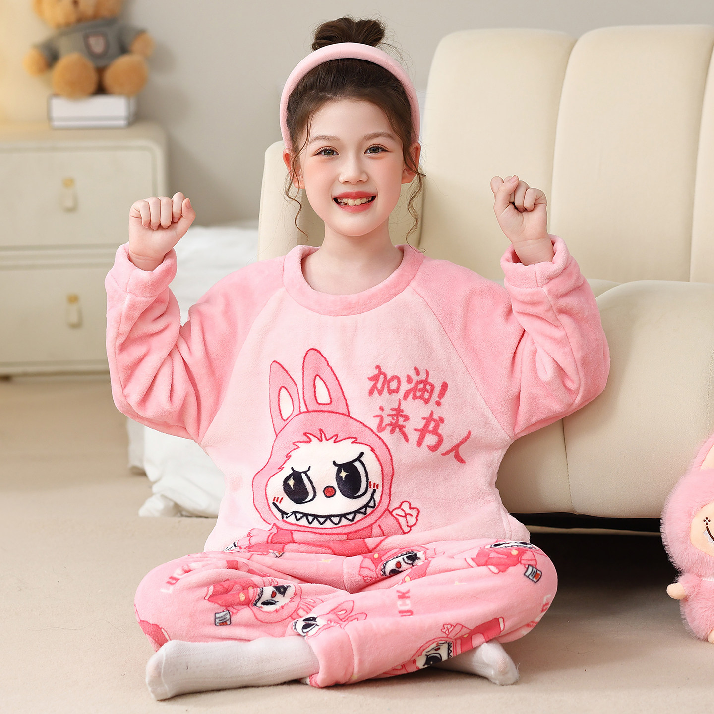 儿童法兰绒女童睡衣加厚冬款加绒女孩秋冬季珊瑚绒宝宝家居服套装