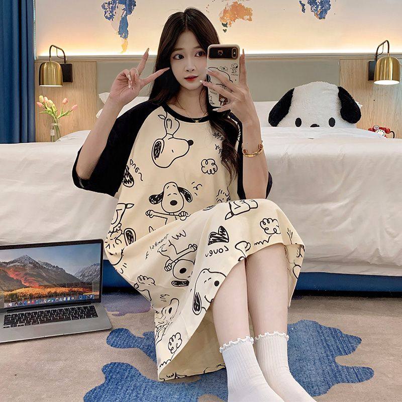 夏季睡裙女士薄款短袖网红卡通甜美睡衣宽松200斤穿中长款家居服