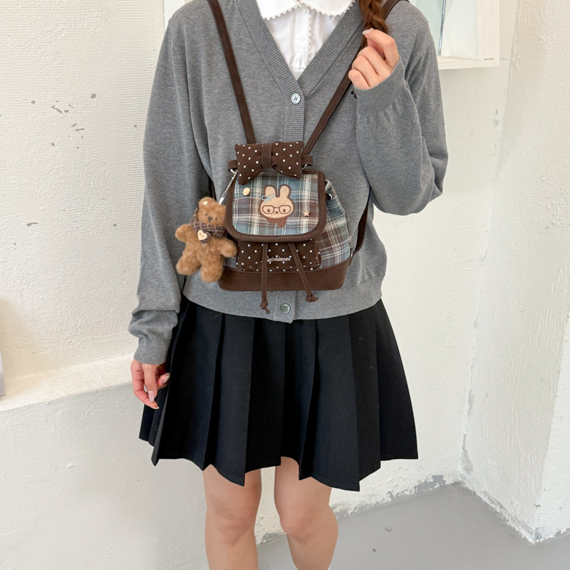 handbag学院风格纹小兔双肩包女学生蝴蝶结通勤百搭休闲斜挎背包