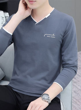 春秋季男士长袖纯棉t恤打底衫修身潮流v字领可外穿秋衣服青年百搭