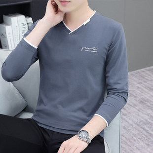 春秋季男士长袖纯棉t恤打底衫修身潮流v字领可外穿秋衣服青年百搭