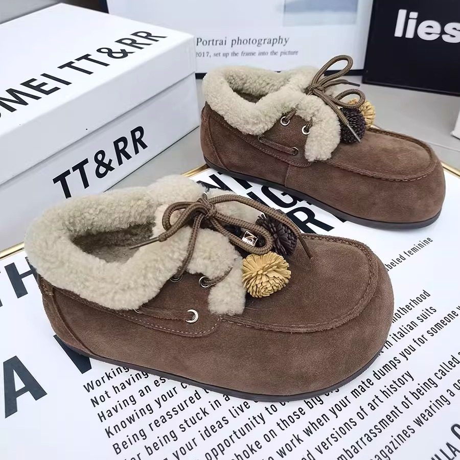丑萌大头勃肯鞋女2025冬季新款磨砂皮系带流苏平底豆豆鞋加绒女鞋,女鞋,乐福鞋（豆豆鞋）,淘宝优惠券,粉丝福利购,淘宝优惠卷