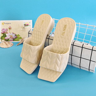 百搭女外穿休闲方头一字拖厚底粗跟凉拖鞋 越南橡胶高跟拖鞋 夏时尚