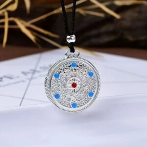 新中式五福圆满镂空吊坠古法罗盘项链挂件复古毛衣链首饰