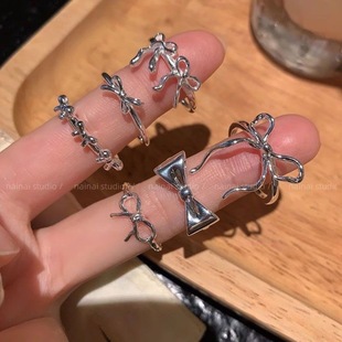 芭蕾风蝴蝶结戒指~银色冷淡风韩系精致小众设计食指戒女独特指环