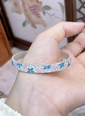 珐琅彩浮雕桃花繁花似锦手镯女镯子生日礼物送女友