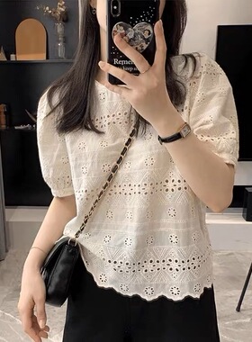 大碗plus定制大码女装微胖mm刺绣花朵衬衫夏显瘦花边圆领衬衫上衣