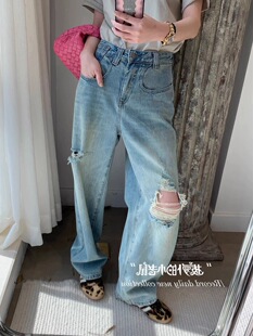 微胖水洗破洞阔腿牛仔秋高腰宽松显瘦老爹裤 大碗plus定制大码 女装