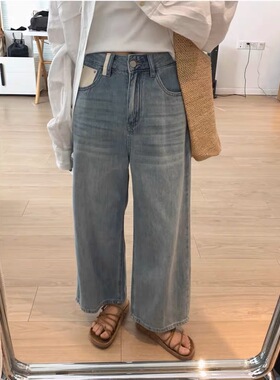 大碗plus定制大码女装微胖mm浅蓝色复古阔腿牛仔夏宽松显瘦九分裤