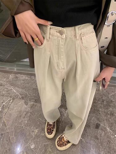 大码女装米杏色阔腿显瘦牛仔长裤