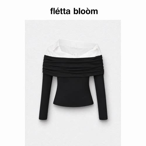 ●fletta bloom张元英同款Notyourrose斜领假两件露肩拼接上衣女