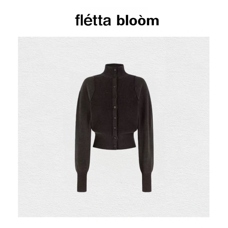 【现货】fletta bloom韩国amoment拼接纽扣开衫女装高领羊毛针织
