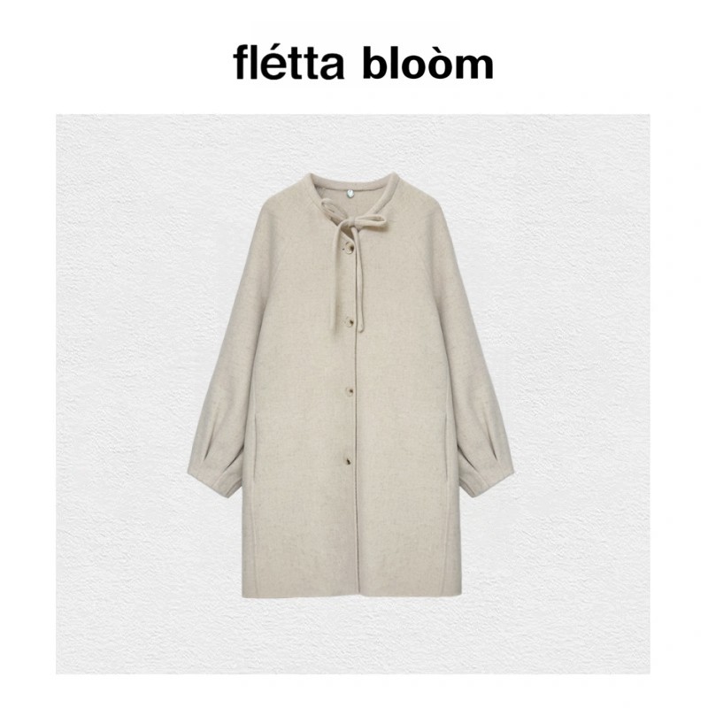 【现货】fletta bloom韩国大衣无领蝴蝶结系带羊毛羊绒双面呢外套