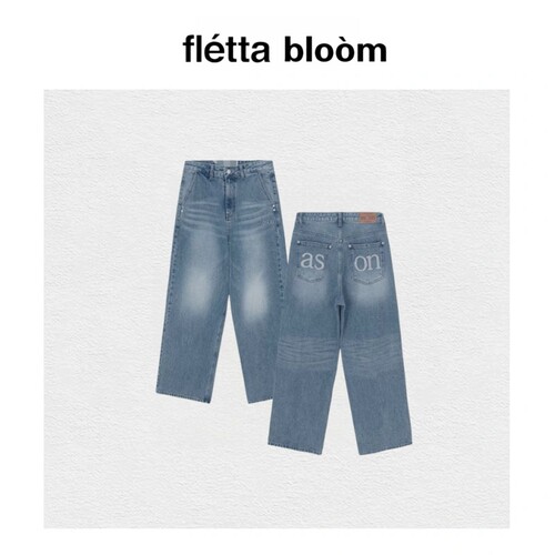 【现货】fletta bloom韩国小众ASON字母刺绣直筒牛仔裤女拖地长裤