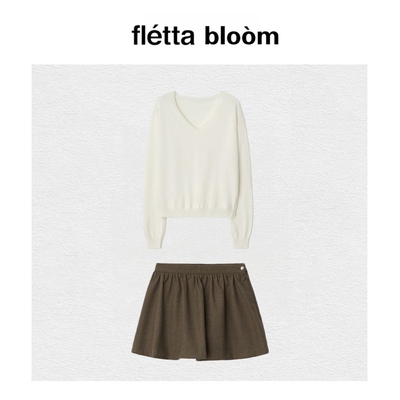 【现货】fletta bloom韩系女软糯毛衣宽松V领针织衫+半裙两件套