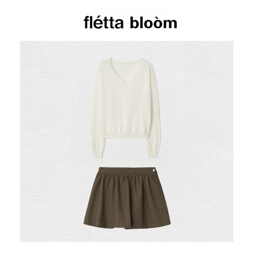 【现货】fletta bloom韩系女软糯毛衣宽松V领针织衫+半裙两件套
