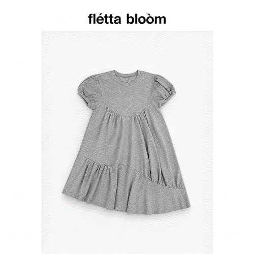 ●fletta bloom freckle灰色圆领泡泡袖不规则裙女宽松褶皱连衣裙