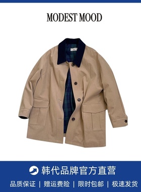 【现货】modest mood韩国拼色灯芯绒翻领风衣外套宽松气质设计感
