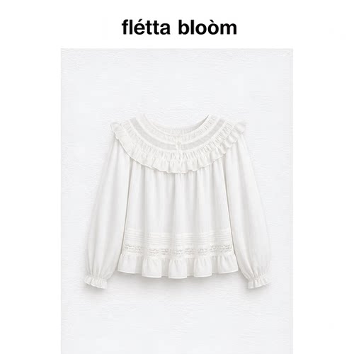 ●fletta bloom白色娃娃领长袖衬衫秋季女拼接花边微透休闲上衣