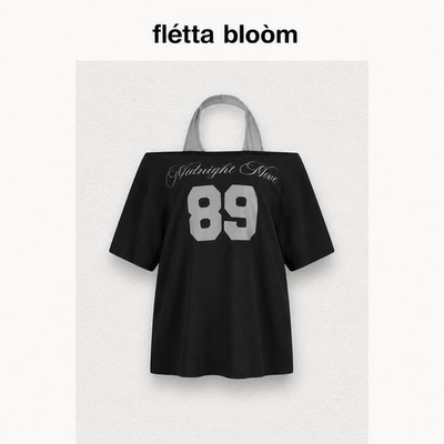 ●fletta bloom韩国Midnightmove字母印花斜肩挂脖短袖露肩T恤