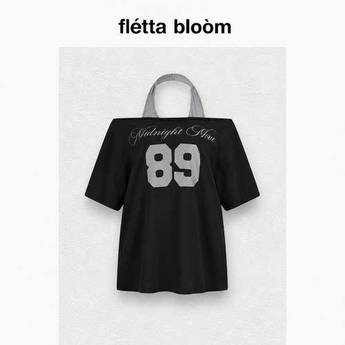 ●fletta bloom韩国Midnightmove字母印花斜肩挂脖短袖露肩T恤