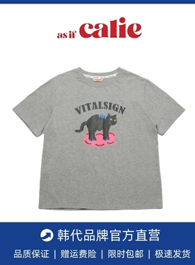 【现货】韩国小众vitalsign休闲v炸毛猫咪印花少女感纯棉黑猫T恤