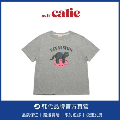 【现货】韩国小众vitalsign休闲v炸毛猫咪印花少女感纯棉黑猫T恤